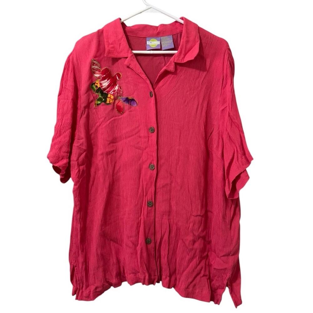 CM SHAPES Women Size 3X Button Down Short Sleeve Shirt Embroidered Colorful City